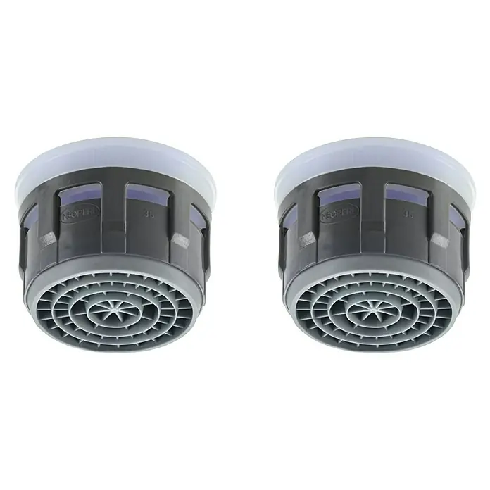 Neoperl Cascade SLC Strahlregler - 3,8 l/min, M22 / M24, 2 Stk., Passend für: Armaturen & Duschen - Zwei graue Kunststoff-Wasserhahnstrahlregler mit Neoperl-Branding und der Zahl '35', mit sternförmigem Strömungsmuster.