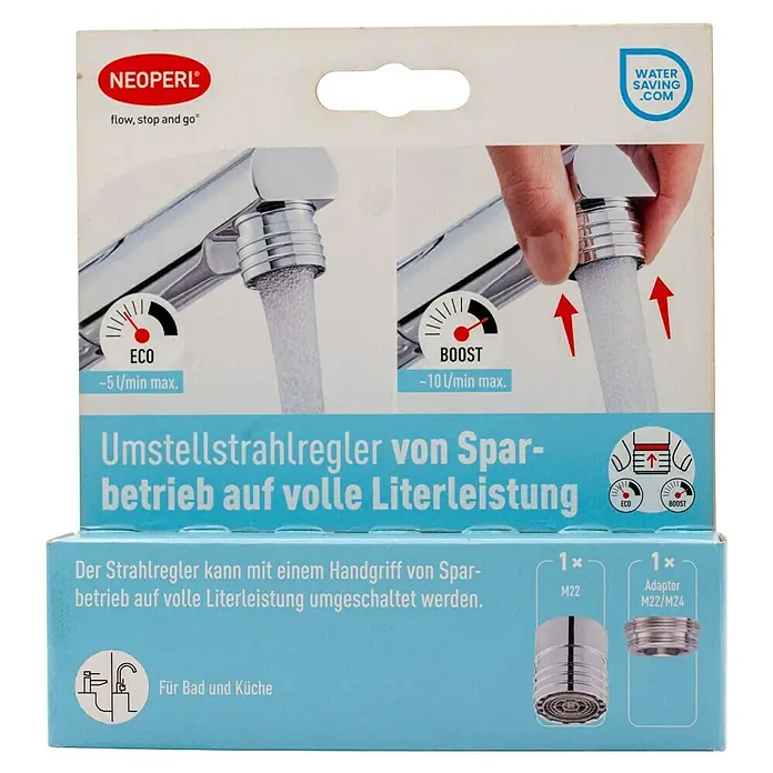 Neoperl Strahlregler - 1 Stk., 5 l/min - 10 l/min, Gewinde: M22X1/M24X1 - Verchromter Neoperl Armaturenstrahlregler mit umschaltbaren Eco (~5 l/min) und Boost (~10 l/min) Modi, für Bad und Küche, inkl. M22 Regler und M22/M24 Adapter.
