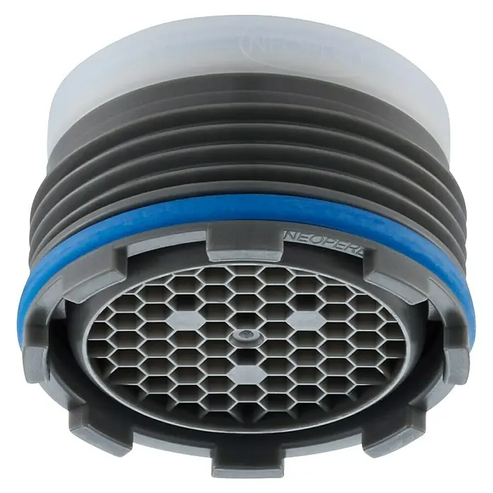 Neoperl Luftsprudler Cache Honeycomb - Durchflussmenge: 5,7 l/min, Gewinde: TJ / M18.5X1 - Grauer Neoperl Wasserstrahlregler mit sechseckigem Strömungsgitter, blauem Dichtungsring und transluzentem Oberteil.