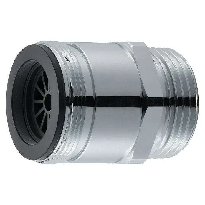 Neoperl Adapter - Passend für: Armaturen, Duschen, Gewinde: AG M28X1 X AG 3/4", 1 Stk. - Glänzender Chrom-Metallverbinder mit Außengewinde, Sechskant-Anzugsbereich und schwarzem Ring um eine Gitteröffnung.