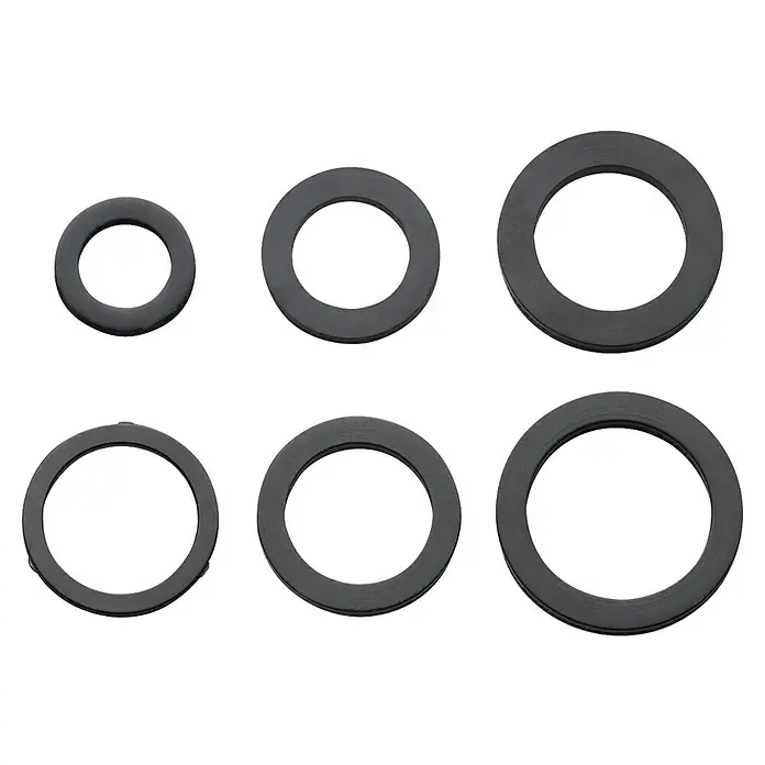 Neoperl Dichtungssortiment - 6 Stk., EPDM, Geeignet für: Armaturen - Sechs schwarze Gummidichtungen oder Unterlegscheiben in verschiedenen Größen.