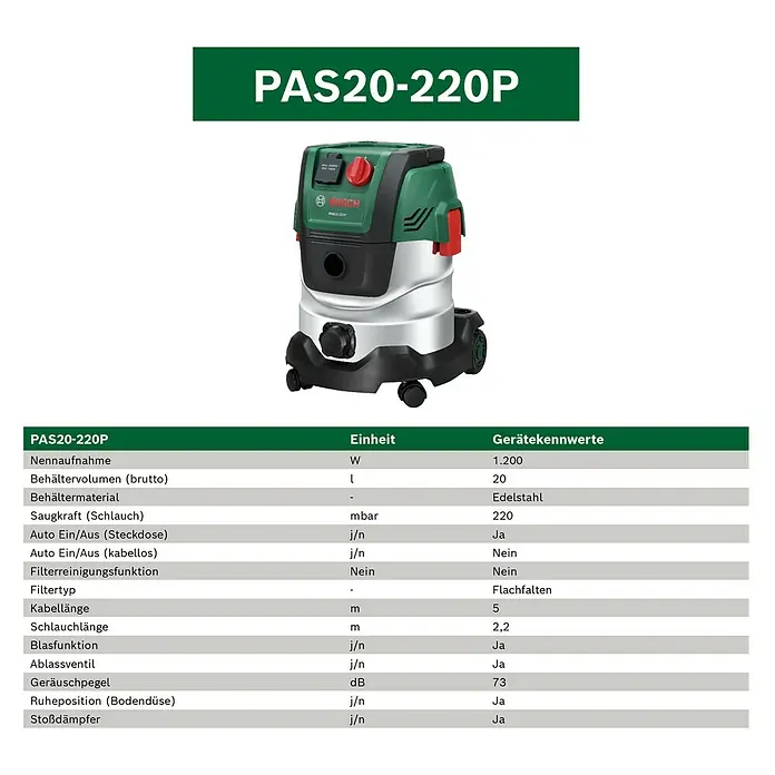 Bosch Elektro-Nass- & Trockensauger PAS 20-220P - 1.350 W, Behältervolumen: 20 l - Grüner und schwarzer Bosch PAS20-220P Nass-Trockensauger mit silbernem Behälter und Rädern.