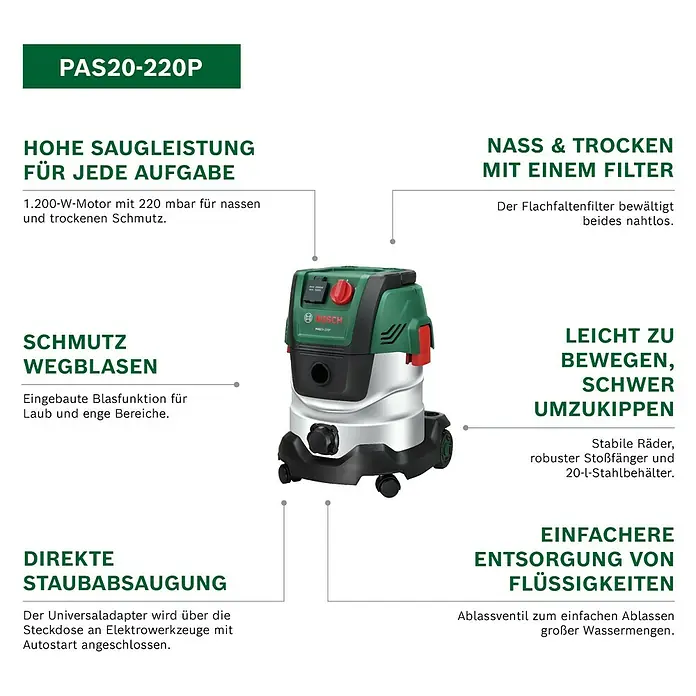 Bosch Elektro-Nass- & Trockensauger PAS 20-220P - 1.350 W, Behältervolumen: 20 l - Grüner, schwarzer und silberner Bosch PAS20-220P Nass-Trockensauger mit großem Behälter und Rädern.