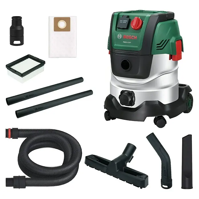 Bosch Elektro-Nass- & Trockensauger PAS 20-220P - 1.350 W, Behältervolumen: 20 l - Grüner, schwarzer und silberner Bosch Nass-/Trockensauger mit Schlauch, Verlängerungsrohren, Filter, Staubbeutel und Düsen.