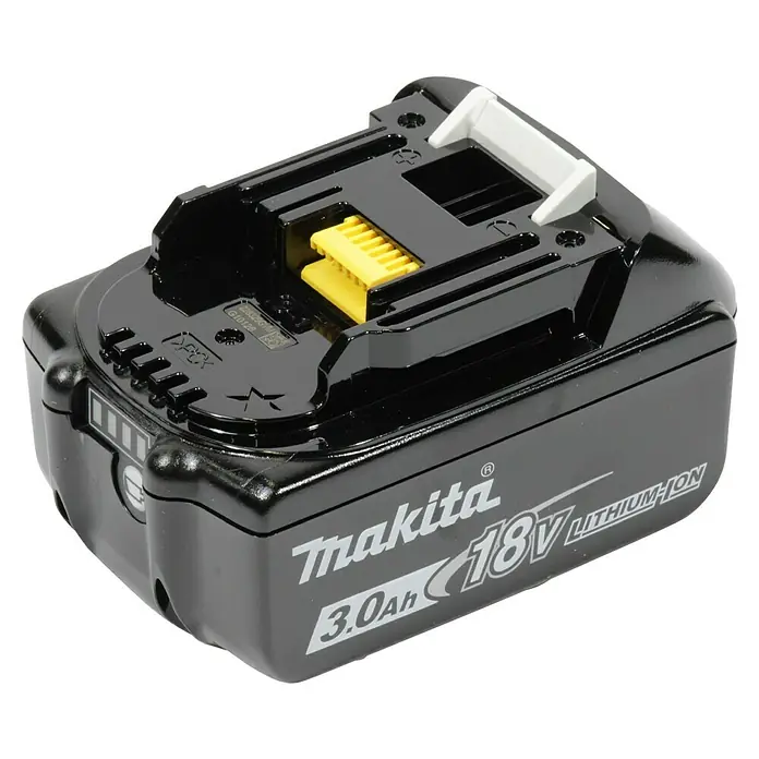 Makita LXT 18V Starterkit Power Source-Kit - 18 V, 3 Ah - Schwarzer Makita 18V 3.0Ah Lithium-Ionen-Akku mit gelben Kontakten und weißem Entriegelungsknopf.