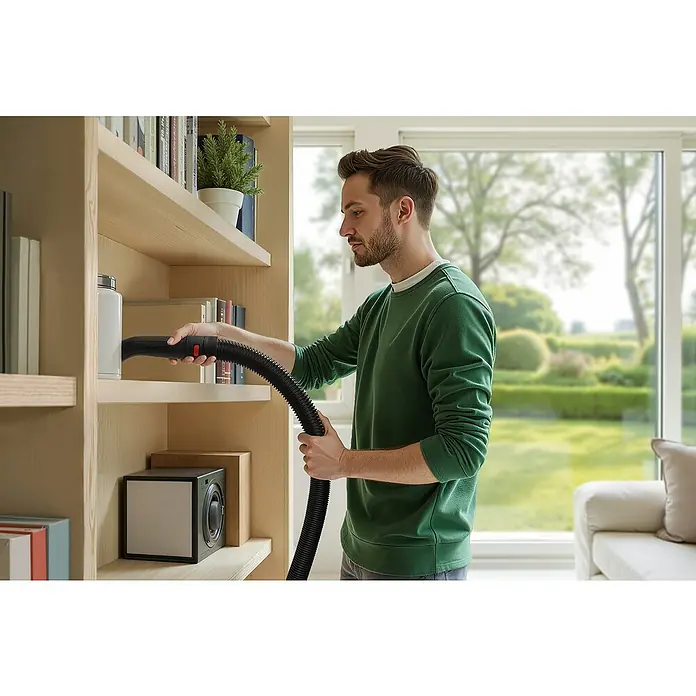 Bosch Elektro-Nass- & Trockensauger PAS 20-220P - 1.350 W, Behältervolumen: 20 l - Mann staubsaugt ein Holzregal mit einem schwarzen Bosch Staubsaugerschlauch und einer Düse.