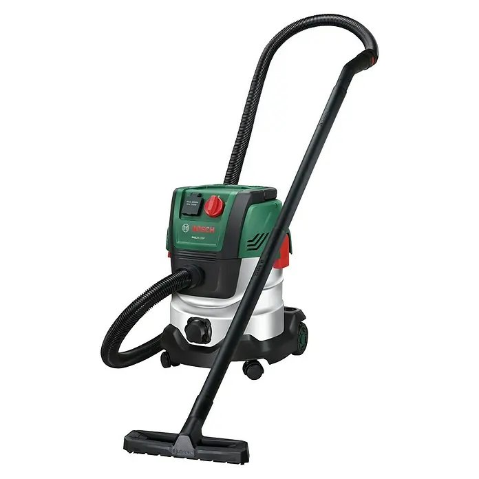 Bosch Elektro-Nass- & Trockensauger PAS 20-220P - 1.350 W, Behältervolumen: 20 l - Grüner und weißer Bosch Nass-Trocken-Sauger mit schwarzen Schläuchen, Griff und Bodendüse auf Rollen.