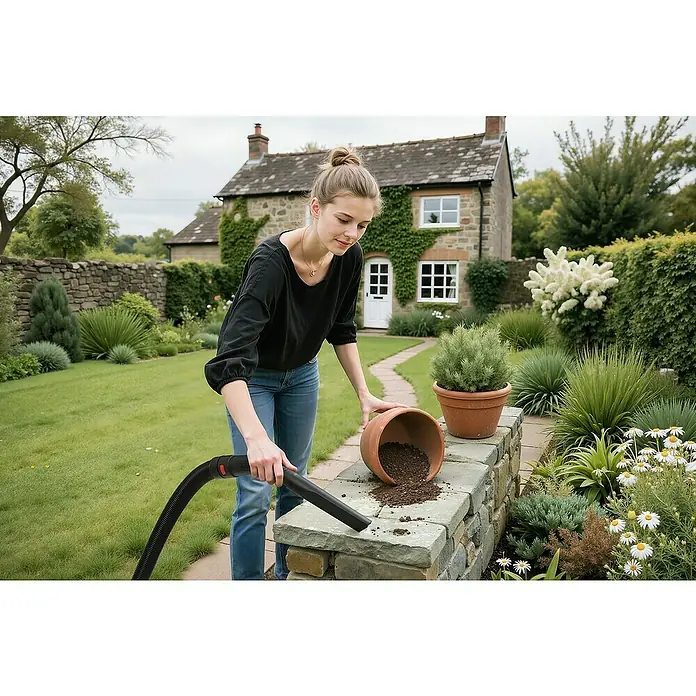 Bosch Elektro-Nass- & Trockensauger PAS 15-220 - 1.350 W, Behältervolumen: 15 l - Frau saugt verschüttete Erde von einem Topf auf einer Steinmauer im Garten mit einem Staubsaugerschlauch auf.