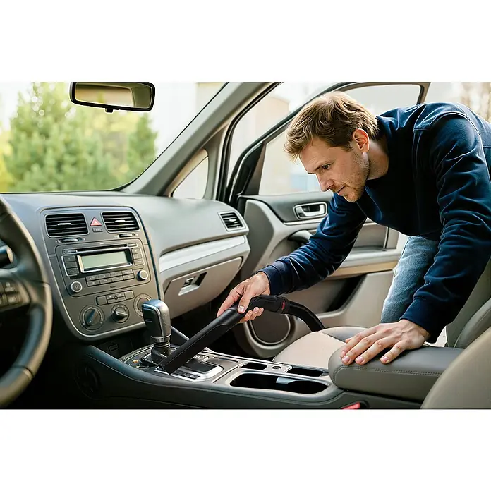 Bosch Elektro-Nass- & Trockensauger PAS 15-220 - 1.350 W, Behältervolumen: 15 l - Ein Mann saugt Krümel aus der Mittelkonsole eines Autos mit einer schwarzen Staubsaugerdüse.