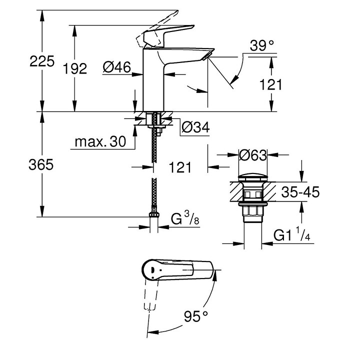 Grohe QuickFix Start Wastafelkraan M (Afvoer armatuur: 121 mm, Zwart, Mat) | BAUHAUS