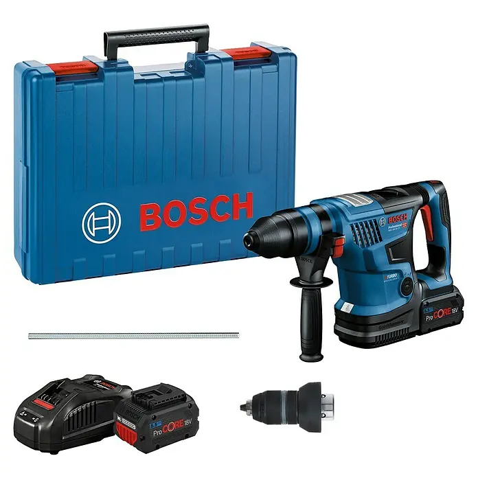 Bosch Professional AMPShare 18V Akku-Bohrhammer GBH 18V-34 CF - 18 V, 2 Akkus, 5,5 Ah, 5,8 J - Blauer Bosch 18V Akku-Bohrhammer-Set mit L-BOXX-Koffer, zwei ProCORE-Akkus, Ladegerät, Tiefenanschlag und Wechselspannfutter.