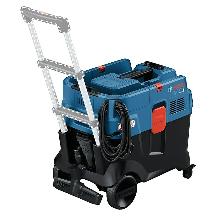 Bosch Professional Elektro-Nass- & Trockensauger PRO GAS 400 A - 1.200 W, Behältervolumen: 40 l, Vollautomatisch - Blauer/schwarzer Bosch Nass-/Trockensauger mit Griff, Schlauch und Rollen.