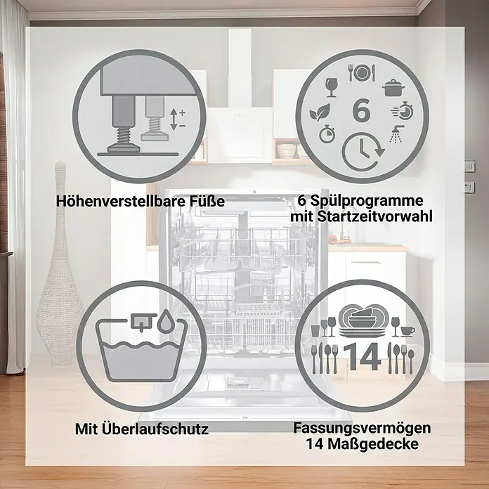 Wolkenstein Einbaugeschirrspüler WGSP14 6DTI - Breite: 59,8 cm, Anzahl Maßgedecke: 14 Stk., Teilintegriert - Offener Geschirrspüler in Küche, mit 6 Programmen, 14 Maßgedecken, verstellbaren Füßen und Überlaufschutz.