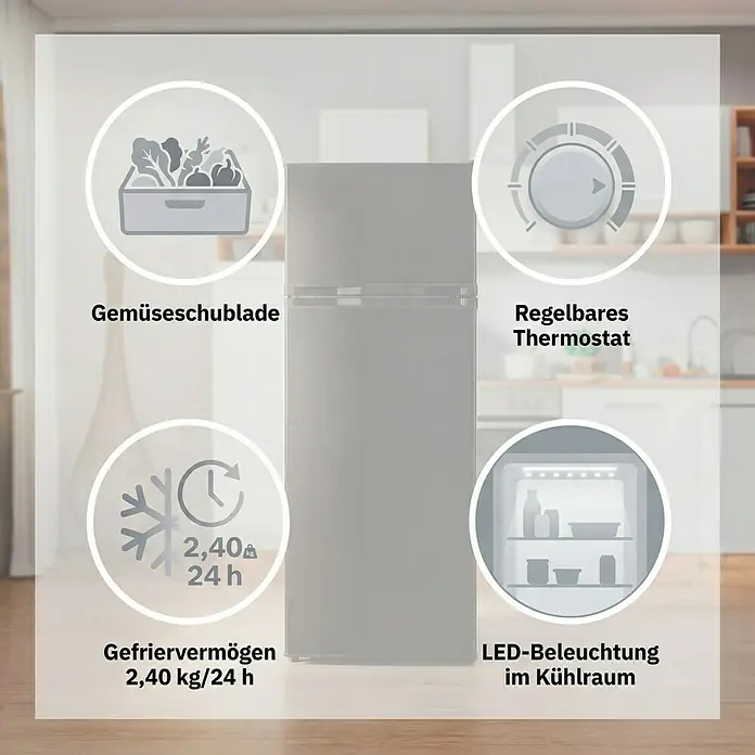 PKM Kühl-Gefrierkombination GK 212 B - Nutzinhalt Gesamt: 206 l, 55,5 x 54,5 x 143 cm, Schwarz - Silberner Kühlschrank mit Gemüseschublade, regelbarem Thermostat, 2,40 kg/24h Gefriervermögen und LED-Beleuchtung.