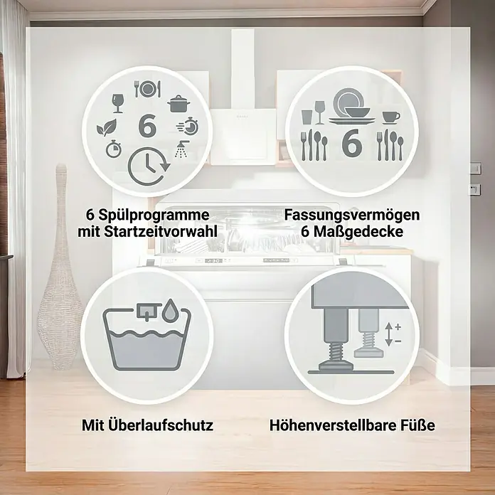 PKM Einbaugeschirrspüler GS6 6FI2 - Breite: 55 cm, Anzahl Maßgedecke: 6 Stk., Vollintegriert - Kompakter weißer Geschirrspüler mit 6 Programmen, 6 Maßgedecken, Überlaufschutz und höhenverstellbaren Füßen.