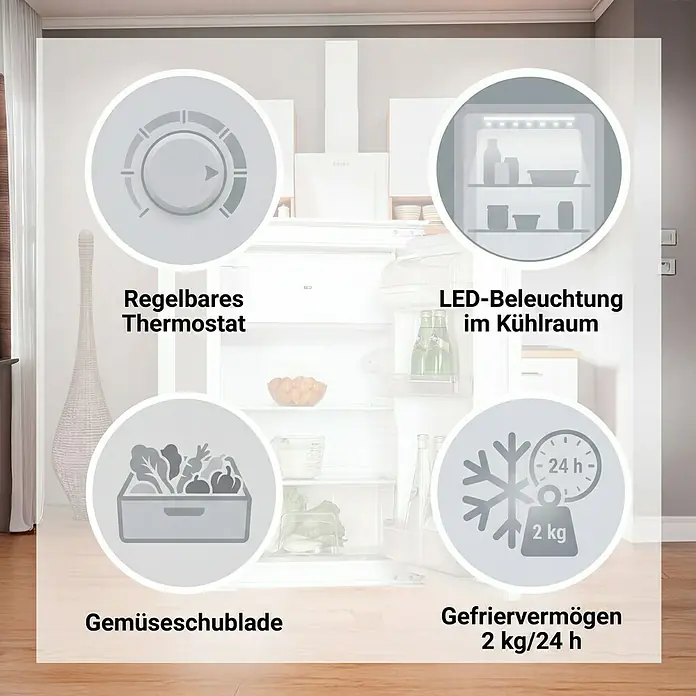 PKM Kühl-Gefrierkombination KS 120.4 EB - Nutzinhalt Gesamt: 118 l, 54 x 54 x 87 cm, Weiß - Offener Kühlschrank in einer Küche, der ein regelbares Thermostat, LED-Beleuchtung, Gemüseschublade und 2 kg/24h Gefriervermögen hervorhebt.