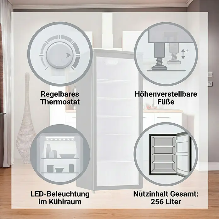 PKM Getränkekühlschrank GKS 255 B - 58 x 55 x 143 cm, Schwarz - Kühlschrank mit vier Feature-Hinweisen: regelbares Thermostat, höhenverstellbare Füße, LED-Beleuchtung und 256 Liter Nutzinhalt.