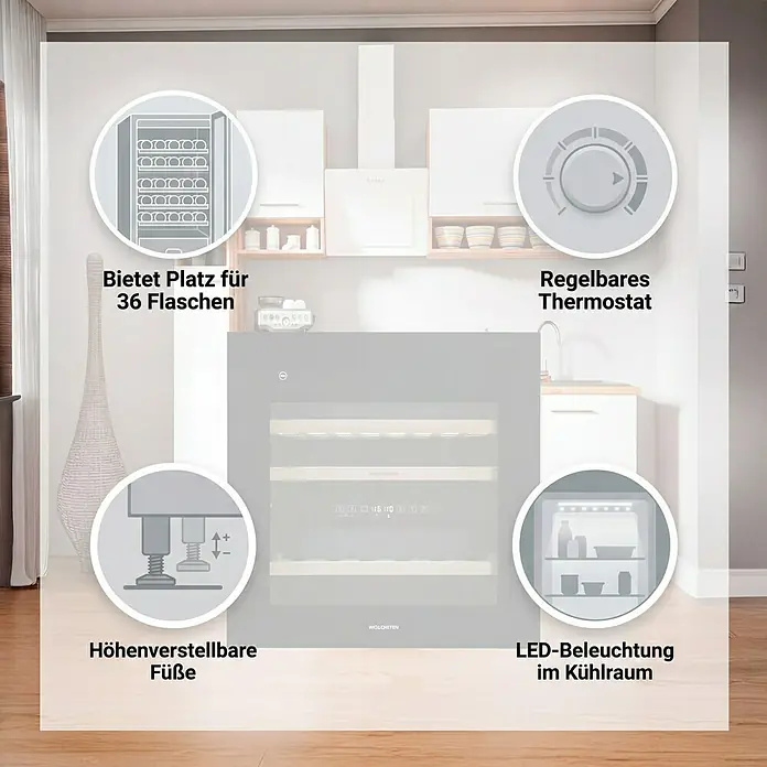 Wolkenstein Weinkühlschrank EWTS85 - L x B x H: 56,3 x 59 x 59,5 cm, Schwarz - Schwarzer Weinkühlschrank in einer Küche, bietet Platz für 36 Flaschen, mit regelbarem Thermostat, höhenverstellbaren Füßen und LED-Beleuchtung.