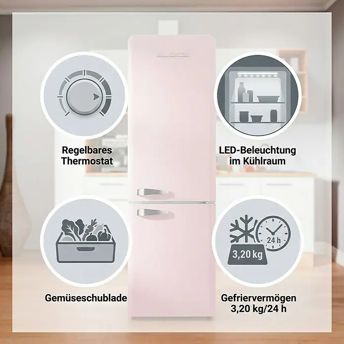 Wolkenstein Kühl-Gefrierkombination - Nutzinhalt Gesamt: 149 l, 62,6 x 54,6 x 177,6 cm, Pink - Rosa Wolkenstein Retro-Kühlschrank mit regelbarem Thermostat, LED-Beleuchtung, Gemüseschublade und 3,20 kg/24h Gefriervermögen.