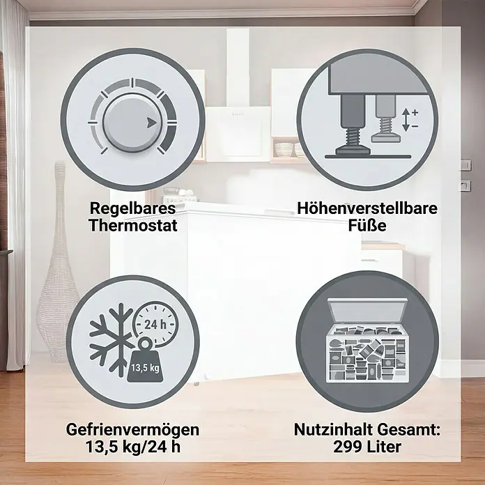 PKM Kühl-Gefrierkombination KS82.3EUB - Nutzinhalt Gesamt: 83 l, 54,5 x 50 x 82,1 cm, Weiß - Infografik zeigt Gefriertruhen-Funktionen: regelbares Thermostat, verstellbare Füße, 13,5 kg/24h Gefriervermögen, 299 Liter Nutzinhalt.