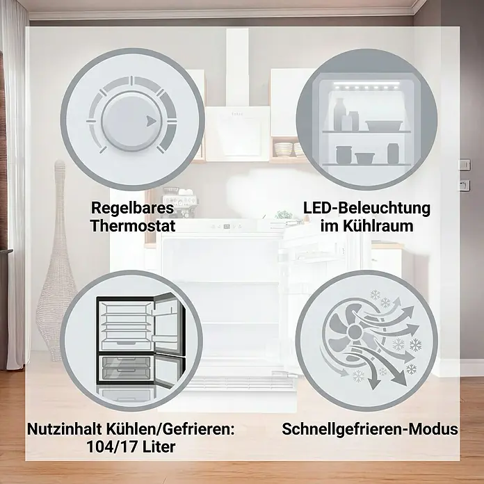 PKM Kühl-Gefrierkombination KS117UBE - Nutzinhalt Gesamt: 121 l, 54,5 x 59,5 x 81,8 cm, Weiß - Kühlschrank mit regelbarem Thermostat, LED-Beleuchtung, 104/17L Fassungsvermögen und Schnellgefrieren-Modus in einer modernen Küche.