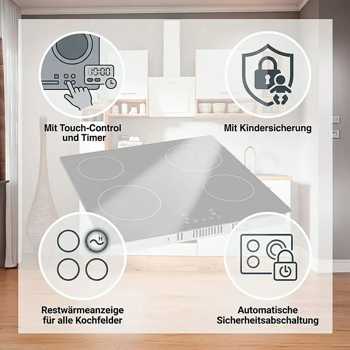 PKM Kochfeld KF4 G - Anzahl Normalkochstellen: 4 Stk. - Graues Induktionskochfeld mit Touch-Steuerung, Timer, Kindersicherung, Restwärmeanzeige und automatischer Abschaltung.
