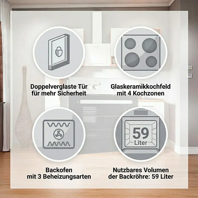 PKM Einbauherd-Set BIC3-I GK IX-2 - Anzahl Beheizungsarten: 3 Stk., Edelstahl / Schwarz, Material Kochfeld: Glaskeramik - Küchenbackofen mit Doppelglastür, 3 Heizarten, 59L Volumen und Glaskeramikkochfeld mit 4 Zonen.