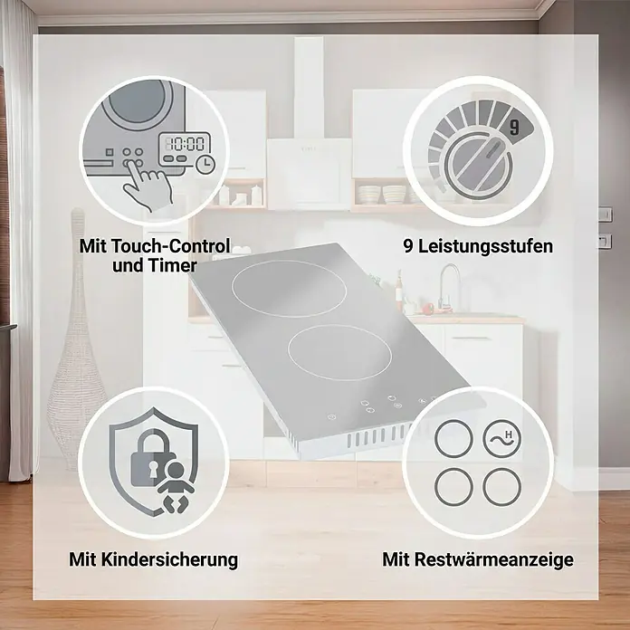 PKM Kochfeld EB-GK-2TCG - Anzahl Normalkochstellen: 2 Stk. - Graues Induktionskochfeld in einer Küche, mit Touch-Bedienung, Timer, 9 Leistungsstufen, Kindersicherung und Restwärmeanzeige.