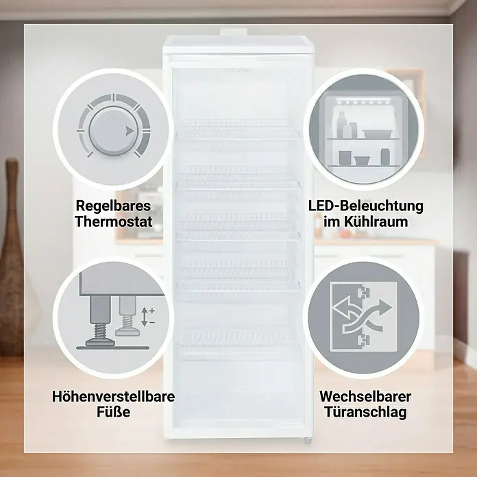 PKM Getränkekühlschrank GKS 255 - 58 x 55 x 143 cm, Weiß - Weißer hoher Gefrierschrank/Kühlschrank mit regelbarem Thermostat, LED-Beleuchtung, höhenverstellbaren Füßen und wechselbarem Türanschlag.