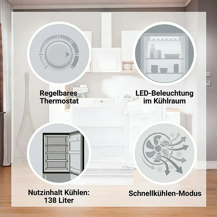PKM Vollraumkühlschrank KS133UBE - Nutzinhalt Gesamt: 138 l, 54,5 x 59,5 x 81,8 cm, Weiß - Ein Kühlschrank in einer Küche mit Hervorhebungen für einstellbares Thermostat, LED-Innenbeleuchtung, 138 Liter Kühlvolumen und Schnellkühlfunktion.