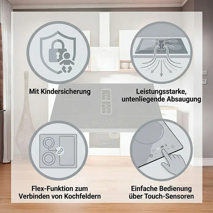 PKM Kochfeld DA-2FZA++A mit integriertem Dunstabzug - Anzahl Induktionskochstellen: 4 Stk. - Schwarzes Induktionskochfeld mit integriertem Abzug, zeigt Kindersicherung, leistungsstarke Absaugung, Flex-Funktion und Touch-Bedienung.