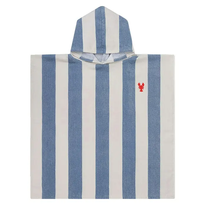 Swim Essentials Badeponcho - Baumwolle, Blau-Weiß - Blau-weiß gestreifter Kapuzen-Badeponcho mit rotem Hummer-Emblem.