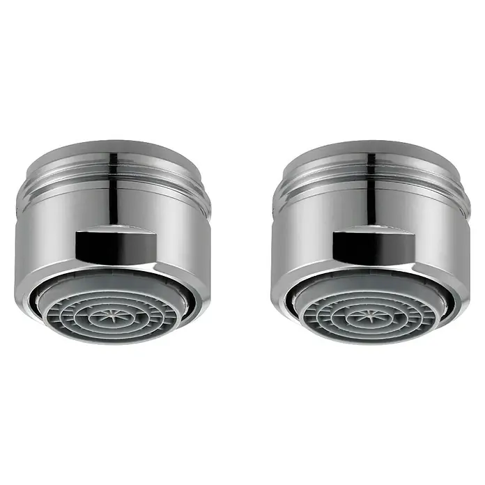 Neoperl Strahlregler Cascade - 15 l/min, Gewinde: M24x1, 2 Stk. - Zwei identische verchromte Wasserhahn-Belüfter mit grauen, sternförmigen Sprühflächen.