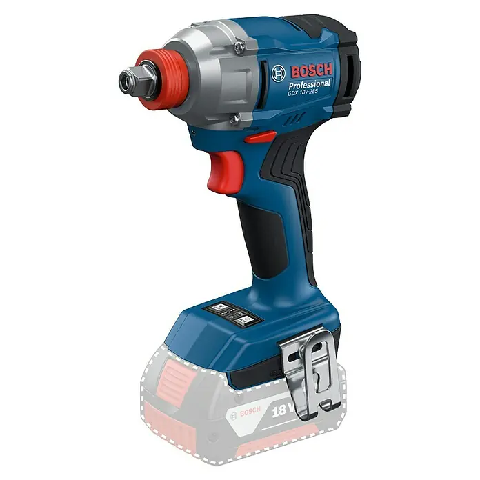 Bosch Professional AMPShare 18V Akku-Drehschlagschrauber GDX 18V-285 C - 18 V, Ohne Akku, 285 Nm - Blauer und schwarzer Bosch Professional GDX 18V-285 Akku-Schlagschrauber mit silbernem Kopf, roten Akzenten und Gürtelclip.