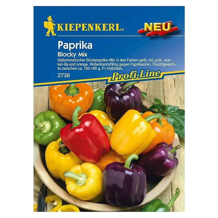Kiepenkerl Profi-Line Gemüsesamen Blockpaprika - Blocky Mix F1, Capsicum annuum, Erntezeit: August - Das Bild zeigt eine Kiepenkerl-Samentüte für "Paprika Blocky Mix", eine Mischung aus bunten Blockpaprika in einer Holzschale.