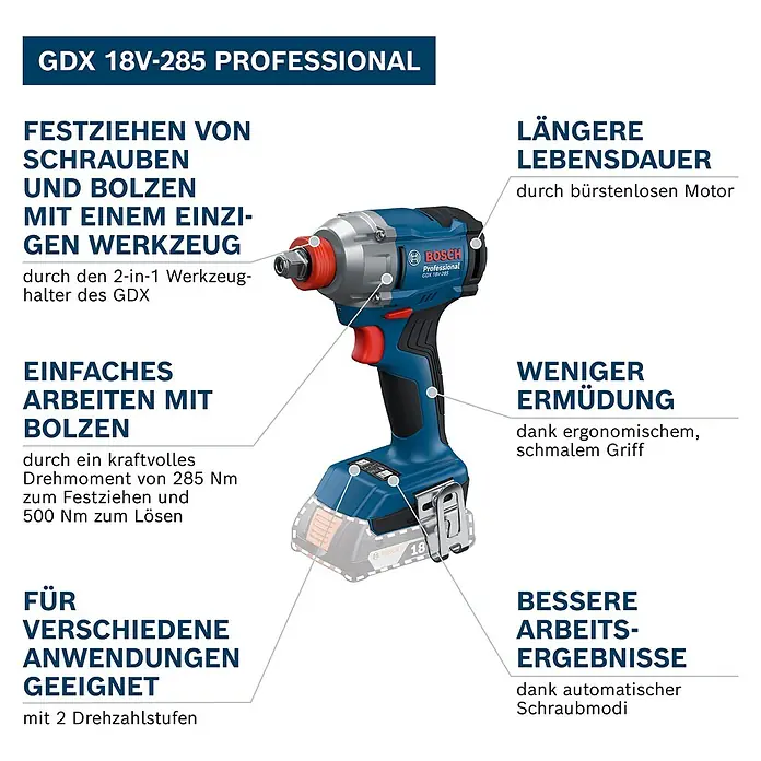 Bosch Professional AMPShare 18V Akku-Drehschlagschrauber GDX 18V-285 - 18 V, Ohne Akku, 285 Nm - Blauer und schwarzer Bosch GDX 18V-285 Professional Akku-Schlagschrauber mit roten Akzenten, mit Feature-Beschreibungen.
