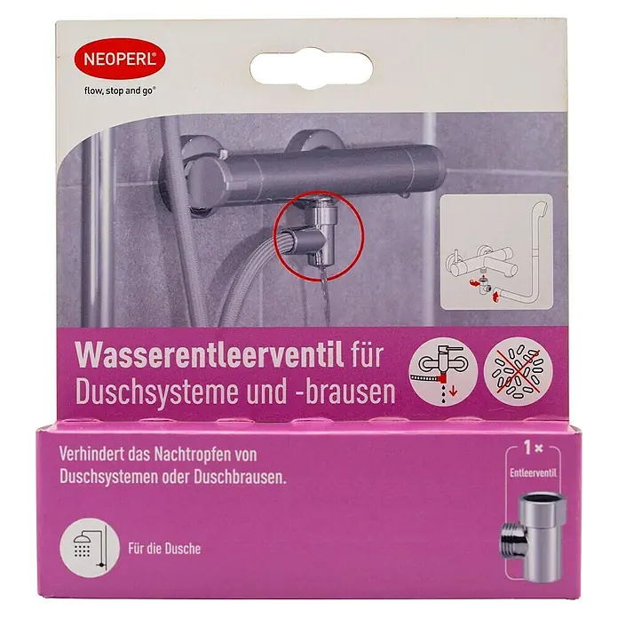 Neoperl Entleerungsventil - ½″, Passend für: Dusche - NEOPERL Wasserentleerventil für Duschen, verchromt, auf Einzelhandelsverpackung mit Installationsbeispiel.