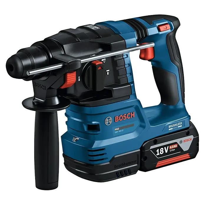 Bosch Professional AMPShare 18V Akku-Bohrhammer PRO GBH 18V-22 - 18 V, 2 Akkus, 4 Ah, 1,9 J - Blauer und schwarzer Bosch Akku-Bohrhammer mit 18V 4.0Ah Li-Ion Akku, Zusatzhandgriff und Tiefenanschlag.