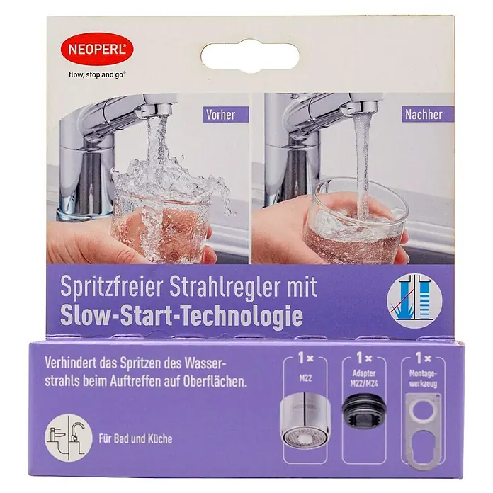Neoperl Strahlregler - 1 Stk., 16 l/min, Gewinde: M22X/M24 - Lila Neoperl Strahlregler-Verpackung zeigt spritzfreien Wasserfluss, inklusive M22 Regler, Adapter und Montagewerkzeug für Bad/Küche.