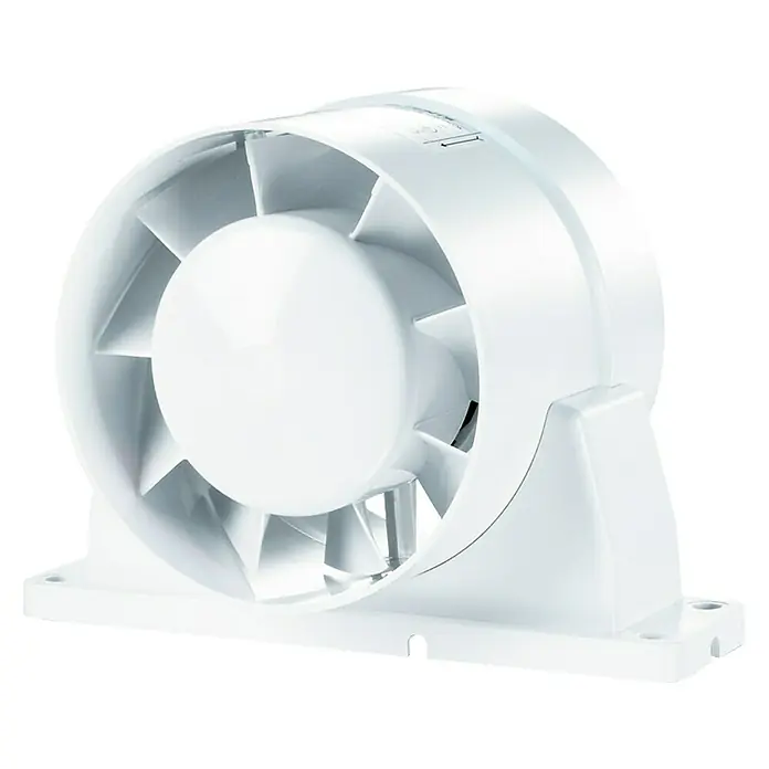 Extractor tubular de baño VKOk In-Line 125 con soporte - Blanco, 12,5 cm, Potencia de aire: 243 m³/h - Un extractor de conducto en línea blanco para baños o cocinas que presenta un diseño moderno y una construcción robusta para una ventilación eficiente.
