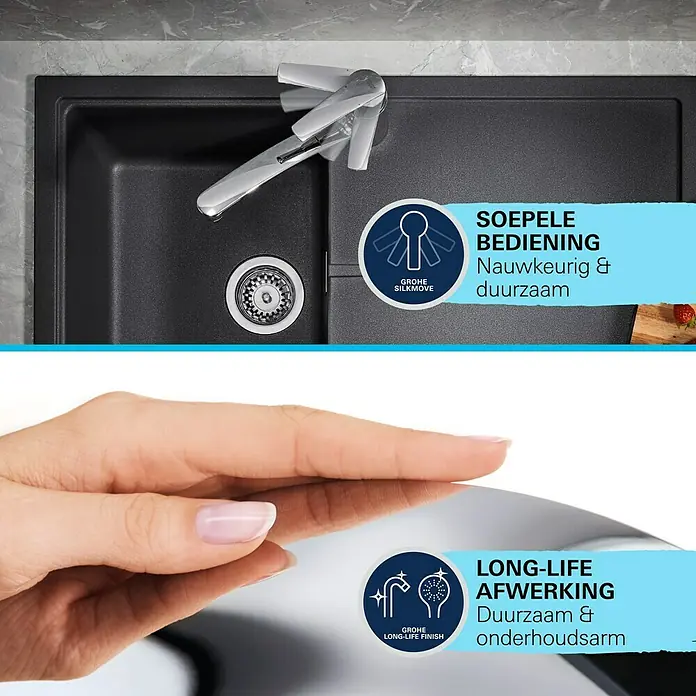 Grohe QuickFix Spültischarmatur Start 2021 - Ausladung Armatur: 183 mm, Chrom, Glänzend - Schwarze Spüle mit Chromarmatur, betont sanfte Bedienung. Eine Hand berührt glänzende Oberfläche, zeigt langlebige, pflegeleichte Beschichtung.