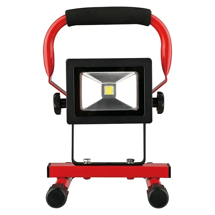 LED-Akkustrahler - 700 lm, Lichtfarbe: Tageslichtweiß, IP54, 10 W - LED-Arbeitsleuchte mit rotem Rahmen und schwarzem Griff für den vielseitigen Einsatz bei Projekten und im Freien, bietet helle Beleuchtung.