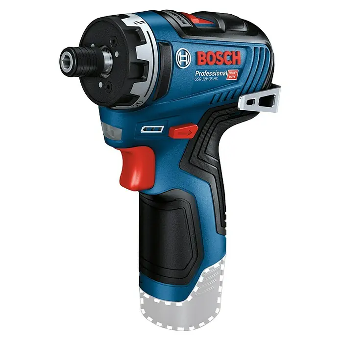 Bosch Professional AMPShare 18V Akku-Bohrschrauber-Set GSR 12V-35 HX PRO SOLO - 12 V, Ohne Akku, 35 Nm, 4 -tlg. - Blauer und schwarzer Bosch Professional GSR 12V-35 HX Akku-Schrauber mit Sechskantfutter.