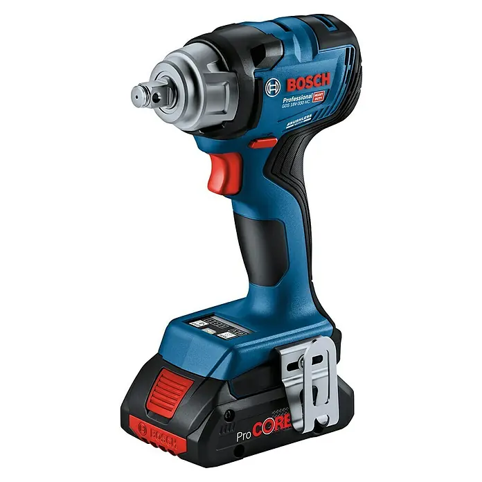 Bosch Professional AMPShare 18V Akku-Drehschlagschrauber GDS 18V-330 HC - 18 V, 330 Nm, 1 x Bluetooth Low Energy Modul GCY 42 Professional, 2 x Akku ProCORE18V 4.0Ah - Blau-schwarzer Bosch GDS 18V-330 HC Professional Akku-Schlagschrauber mit roten Akzenten, 18V-Akku und Gürtelclip.