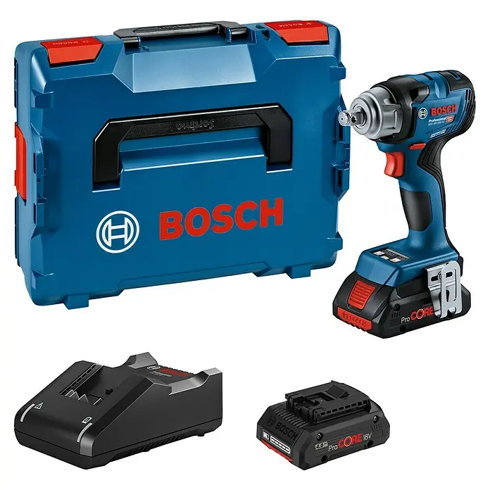 Bosch Professional AMPShare 18V Akku-Drehschlagschrauber GDS 18V-330 HC - 18 V, 330 Nm, 1 x Bluetooth Low Energy Modul GCY 42 Professional, 2 x Akku ProCORE18V 4.0Ah - Bosch Professional 18V Schlagschrauber-Set mit Gerät, ProCORE 18V Akku, Ladegerät und blauer L-Boxx.