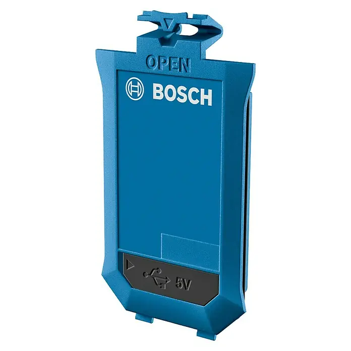 Bosch Professional USB-Akku-Adapter PRO BA 3.7V 1.0Ah A - Akkuspannung: 3,7 V, Höchste Leistung Einzelakku: 5 Wh - Blauer Bosch USB-Adapter aus Kunststoff für Elektrowerkzeuge, mit „OPEN“-Markierung und 5V USB-Anschluss.