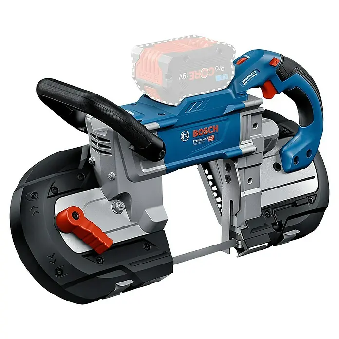 Bosch Professional AMPShare 18V Akku-Bandsäge GCB 18V-127 - 18 V, Ohne Akku - Blaue und graue Bosch 18V Akku-Bandsäge mit schwarzem Griff, rotem Abzug und freiliegendem Sägeblatt.