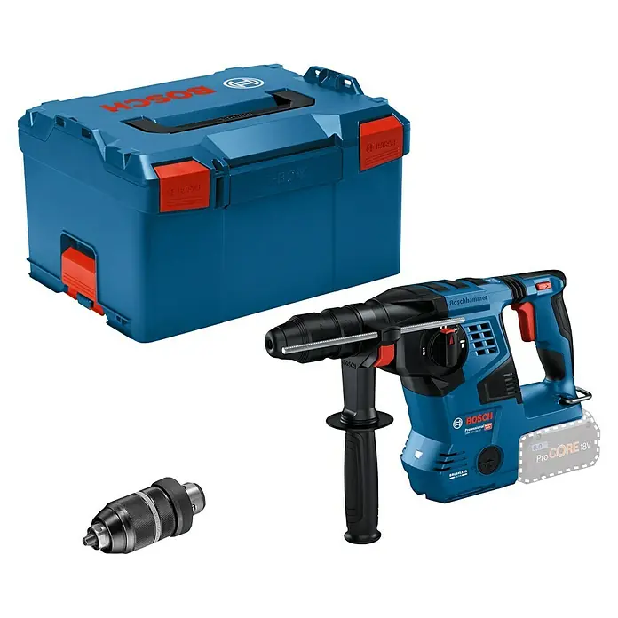Bosch Professional AMPShare 18V Akku-Bohrhammer SDS Plus GBH - 18 V, Ohne Akku - Blaue Bosch L-Boxx, Akku-Bohrhammer mit 18V Akku und separates Bohrfutter.