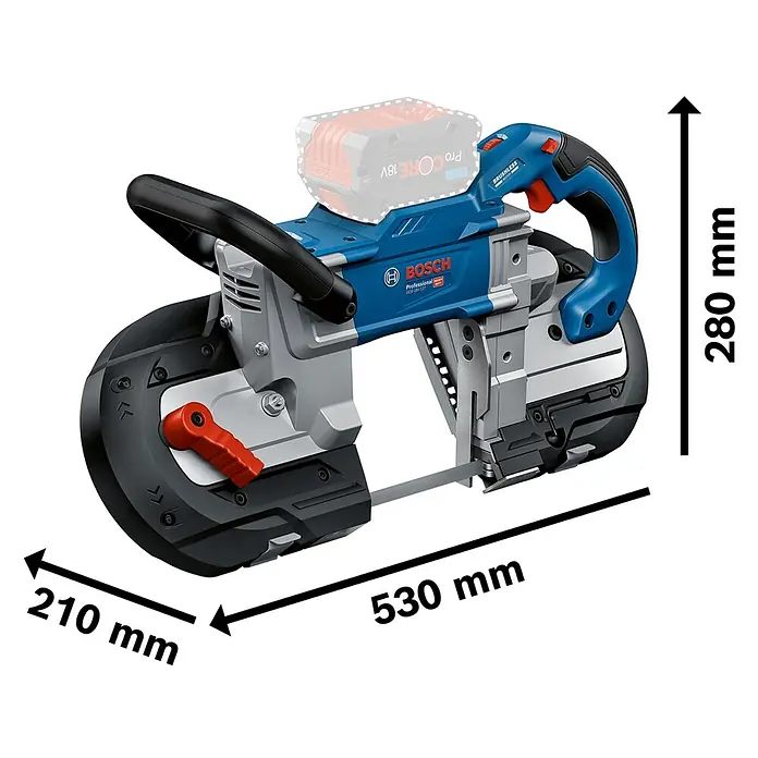 Bosch Professional AMPShare 18V Akku-Bandsäge GCB 18V-127 - 18 V, Ohne Akku - Blaue und schwarze Bosch Professional Akku-Bandsäge mit grauen Akzenten und sichtbaren Maßen für Länge, Höhe und Breite.