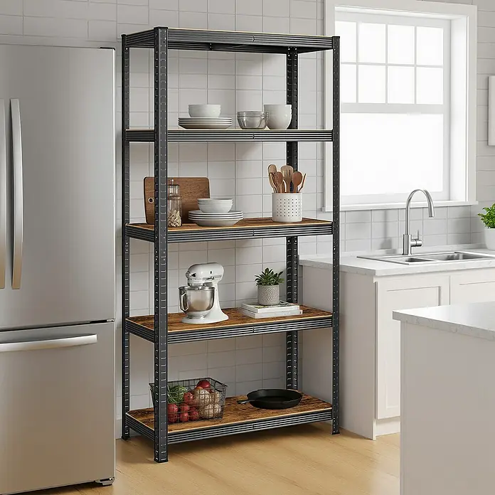 Metallregal - H x B x T: 180 x 90 x 40 cm, Traglast pro Boden: 175 kg, Anzahl Böden: 5 Stk., Stecken, Schwarz/Braun - Hohes schwarzes Metallregal mit Holzregalböden in einer Küche, das verschiedene Küchenutensilien und Lebensmittel aufbewahrt.